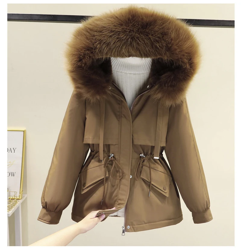 Cotton Padded Plus Size 2XL Winter Big Fur Jacket Women Loose Slim Warm Hooded Parka Coat Down jacket