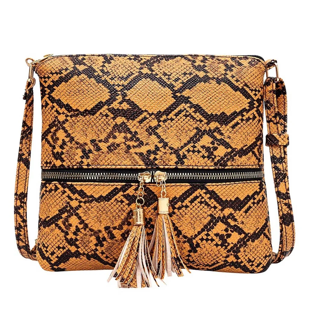 Fashion Women Tassel Snake Printing Zipper Messenger Bag Handbag Shoulder Bag Elegant Small Square Bags#YJ
