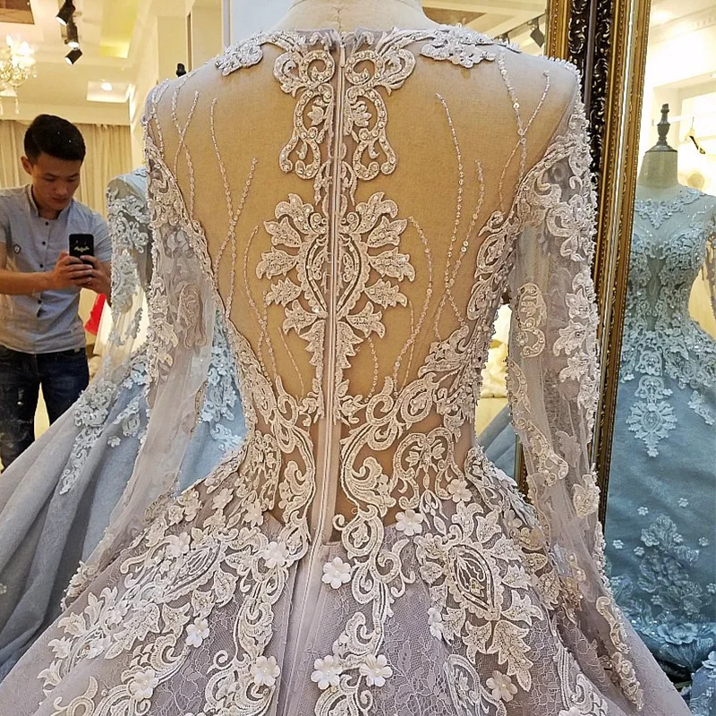 LS38520 длинный рукав вечернее платье кружево Линия молнии назад серый 3D цветы мать