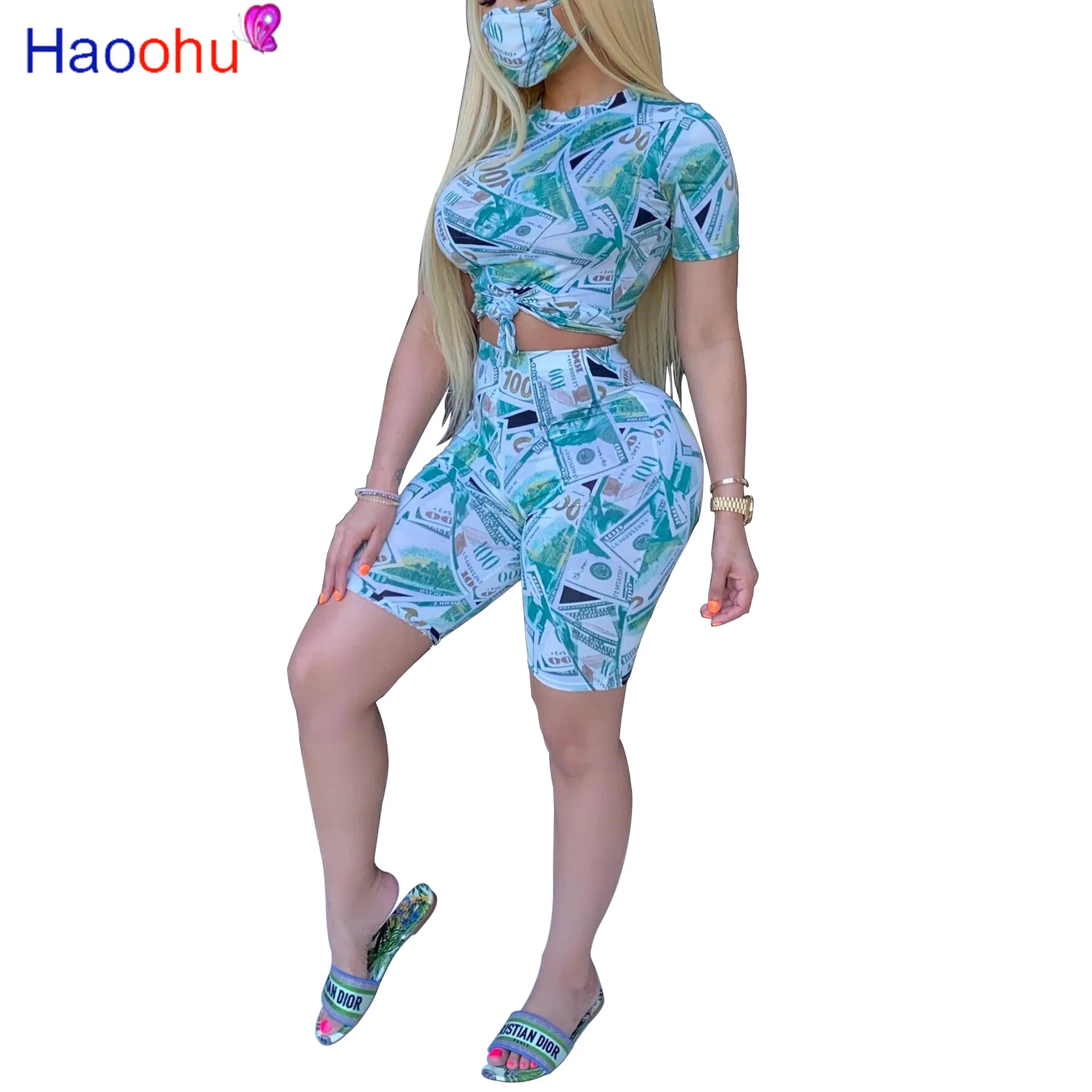 

Женский спортивный костюм HAOOHU, комплект из двух предметов с маской, топ с принтом долларов и шорты-джоггеры, сексуальная одежда для фитнеса, ...