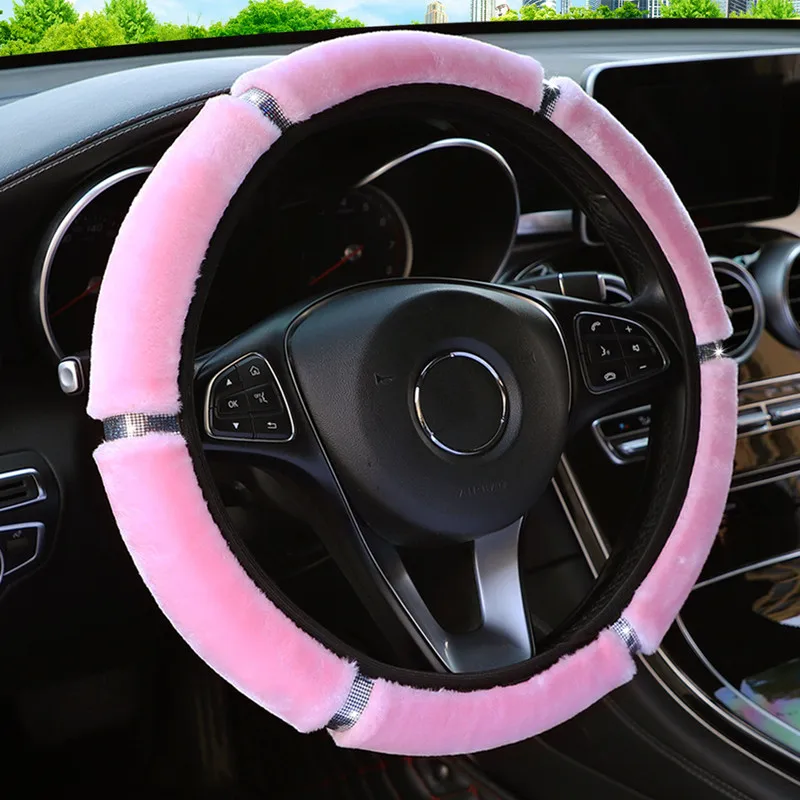 Fluffy Steering Wheel Cover with Bling Rhinestones Diamond Fur Furry Car Steering Covers Universal 38cm For Women Girl