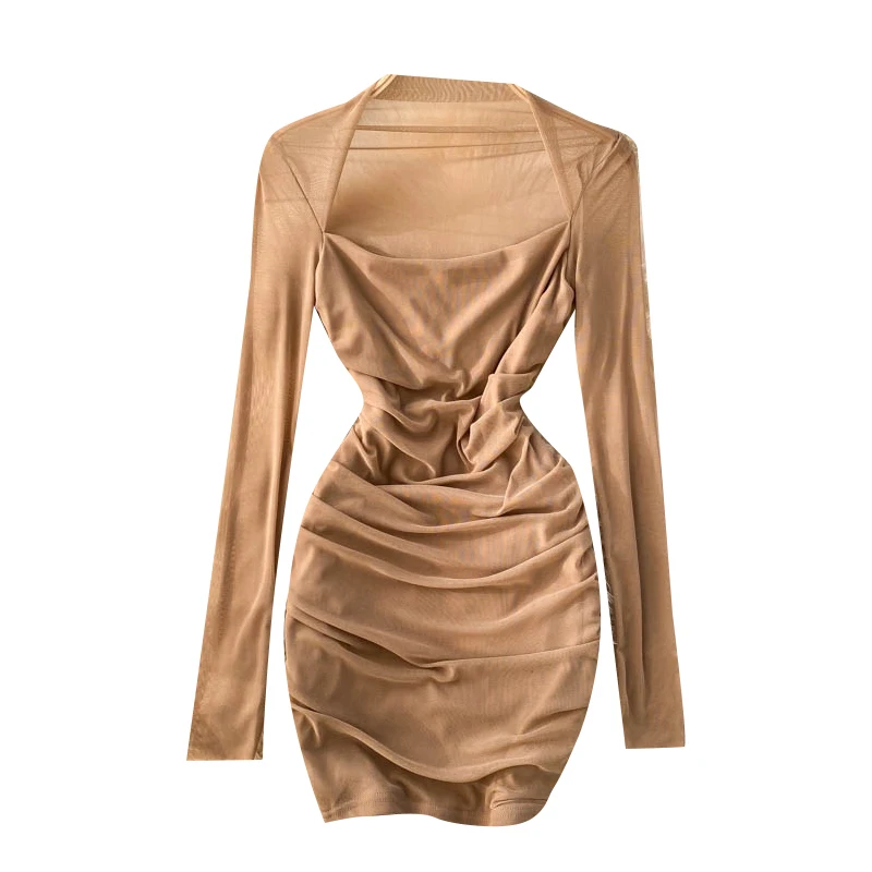 

Translucent Mesh Long Sleeve Square Collar Pleated Mini Dress Spring Autumn Women Party Sexy Clubwear Wrap Dress