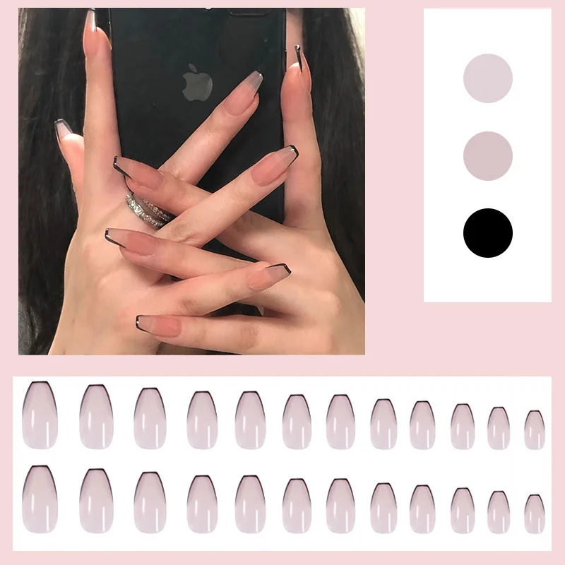 

24pc Black Border Wear Long Paragraph Fashion Manicure Patch False Nail Full Cover Wearable Coffin Fake Nail Matte Ballerina Art