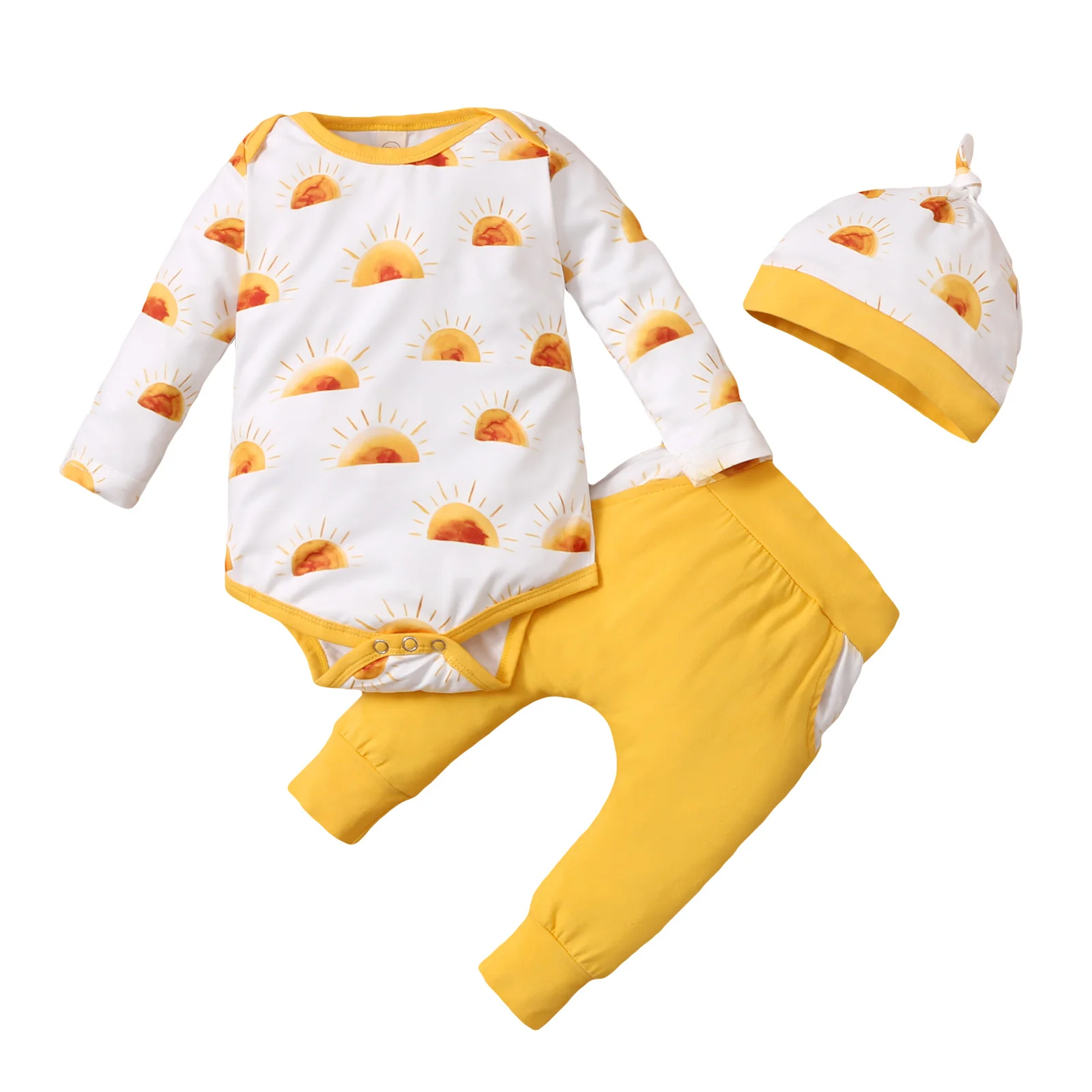 

Детская одежда из трех предметов s Модный комбинезон с длинным рукавом и солнцезащитным принтом и однотонные брюки с шапкой