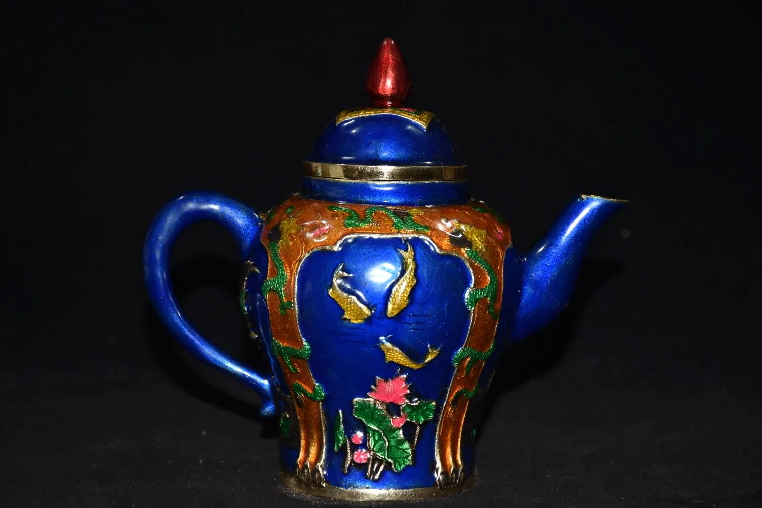 

6"Chinese Folk Collection Old Bronze Painted Enamel Fish lotus kettle teapot Gather wealth Office Ornaments Town House Exorcism