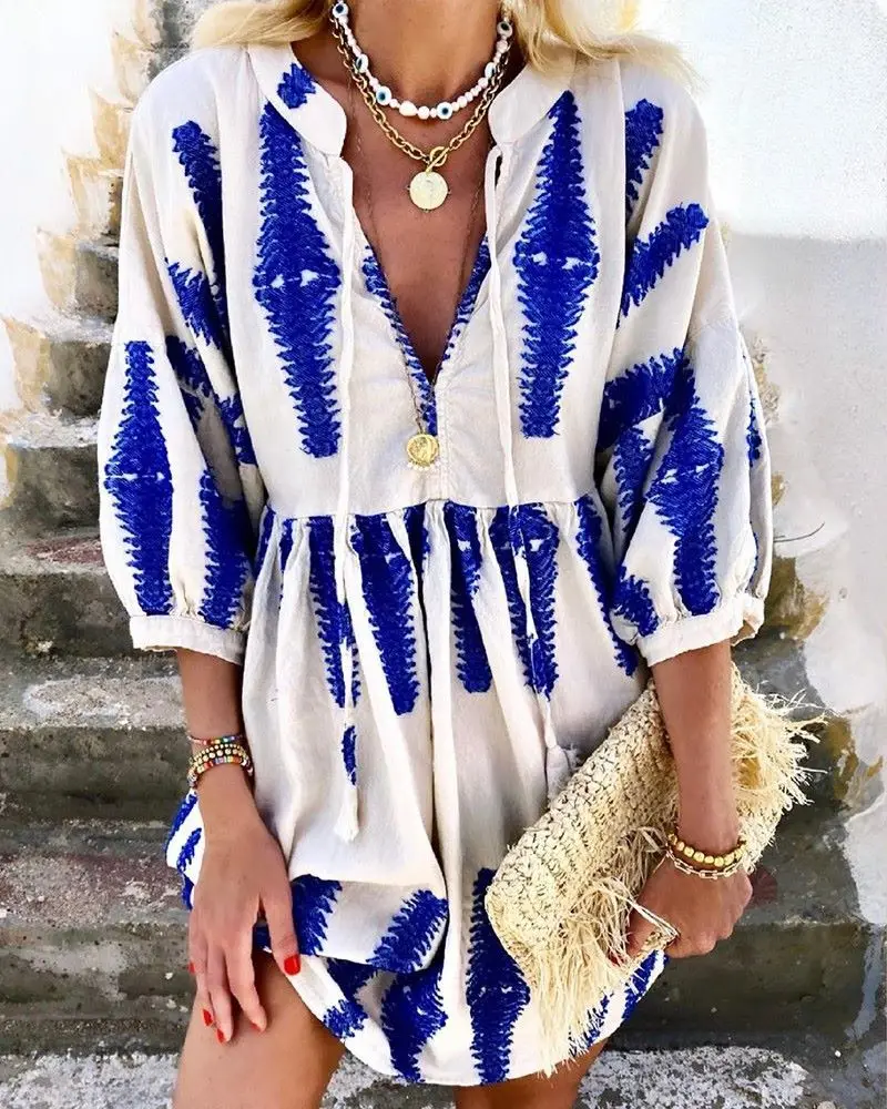 

Dresses Women Vintage V-Neck Print Half Sleeve Dress Casual Loose Bohemian Tassel Party Retro Stitching Hedging Dress Vestidos