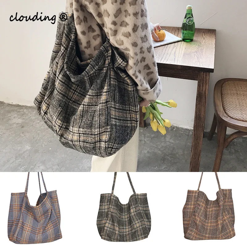 

Women Woolen Canvas Bags Scottish Pattern Vintage Plaid Female Large Capacity Big Tote Handbag Ladies Casual Shoulder Bag