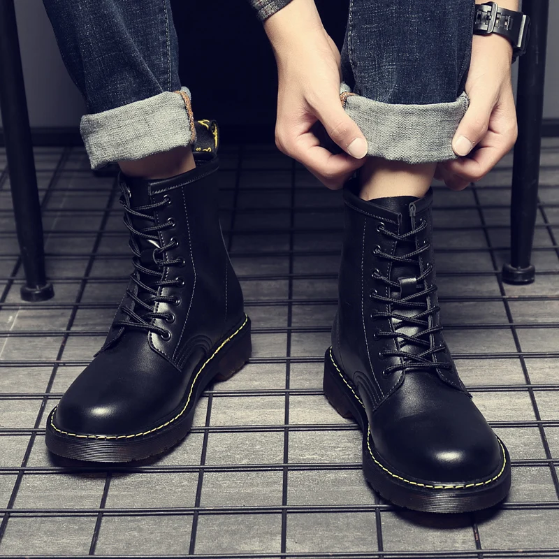 Женские ботильоны на плоской платформе весенние ботинки шнуровке черные средние