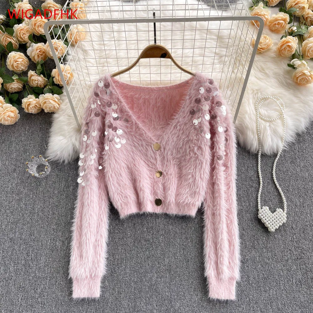 

Sweet Pink Mohair Sweater Coat Women's 2021 Autumn And Winter Fashion Sequined V-neck Single-breasted Short Cardigan Top