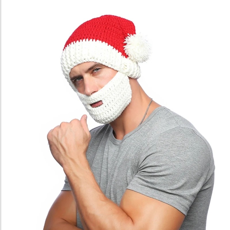 

Handmade Knitted Christmas Cosplay Santa Claus Beanie Hat Beard Face Mask Set A0NF