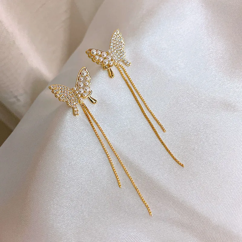 

S925 Silver Needle Korean New Trend Pearl Butterfly Long Tassel Temperament Net Red Earrings Retro Wedding Party Fashion Bridal