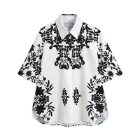women black printed shirt vintage short sleeves button up front female blouse white side vents linen blend casual summer tops
