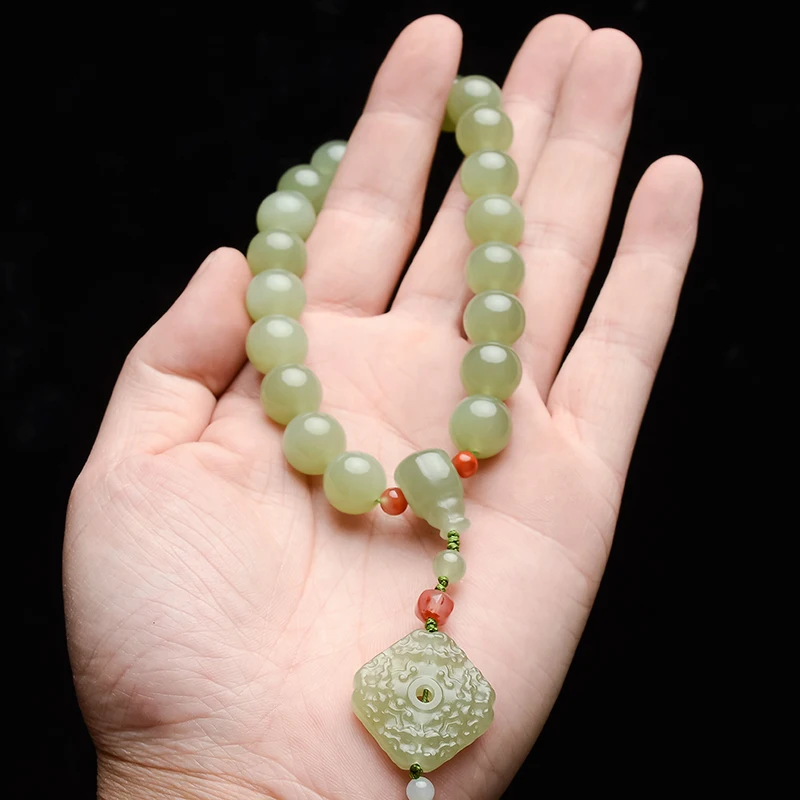Natural hetian green jade bracelet unique jadite bangle rosary with tassel men women prayer jewelry christmas | Украшения и