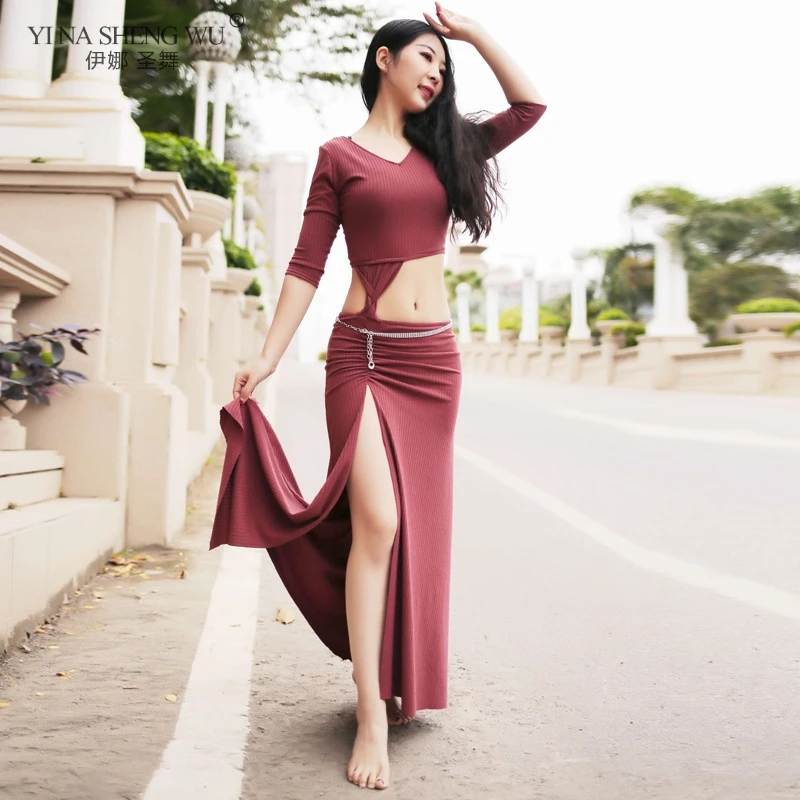 

Bellydance Practice Costume Set Top Skirt Women Sexy Cut out V-neck Long Dress Beginner Oriental Indian Dancing Training Outfit