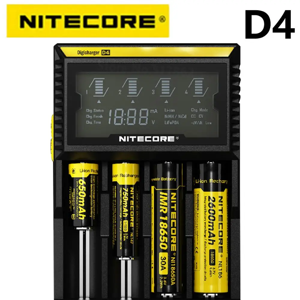 Оригинальное зарядное устройство Nitecore D4 умное с ЖК-дисплеем для аккумуляторов