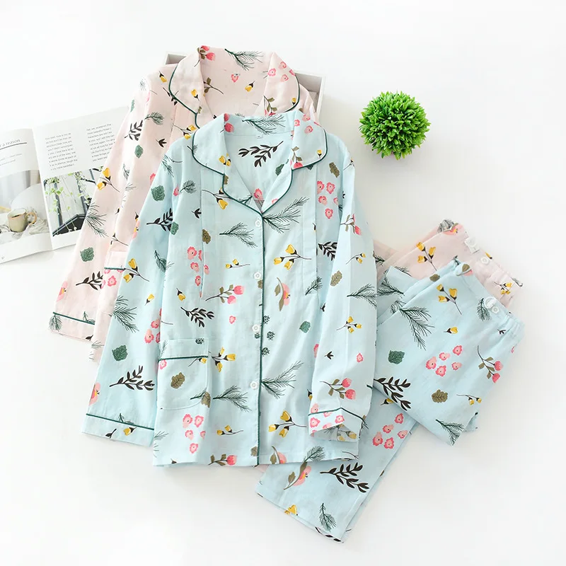 

Japanese new spring and autumn ladies cotton gauze pregnant women postpartum nursing pajamas plus size home service suit summer