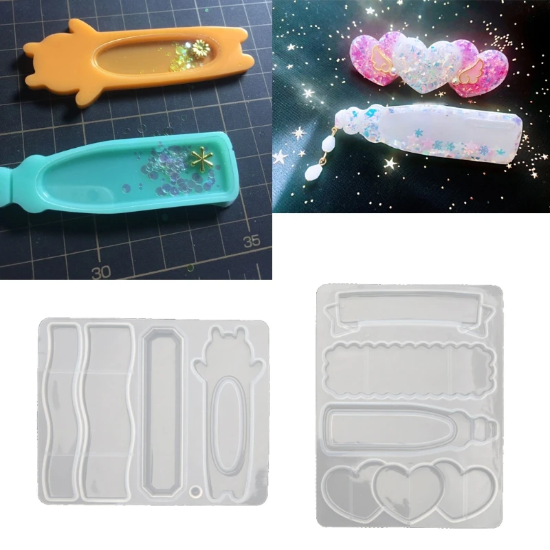 

Quicksand Hairpin Resin Casting Mould Resin Art Shaker Bear Heart Barrette Hair Clip Molds Strip Silicone Hair Clip Mold