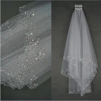 white ivory woman bridal veils 2021 wedding veils 2 layers 75 cm handmade sequins beaded edge comb wedding accessories