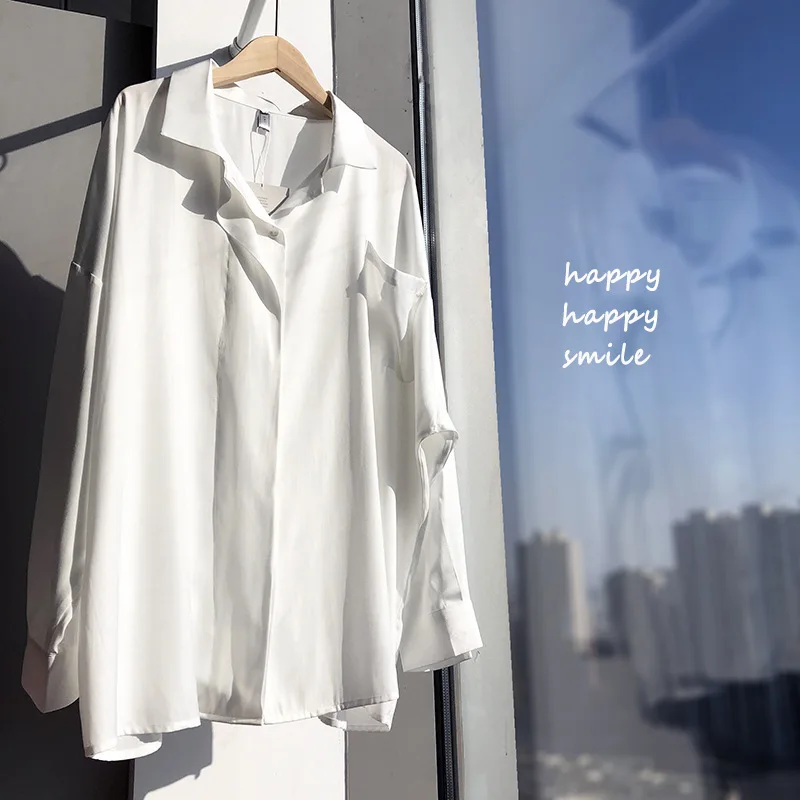 Chic Minimalist Solid Shirt Women 2020 Spring Long Sleeve Turn-down Collar Double Closure Loose Harajuku Korea Casual Pocket Top | Женская