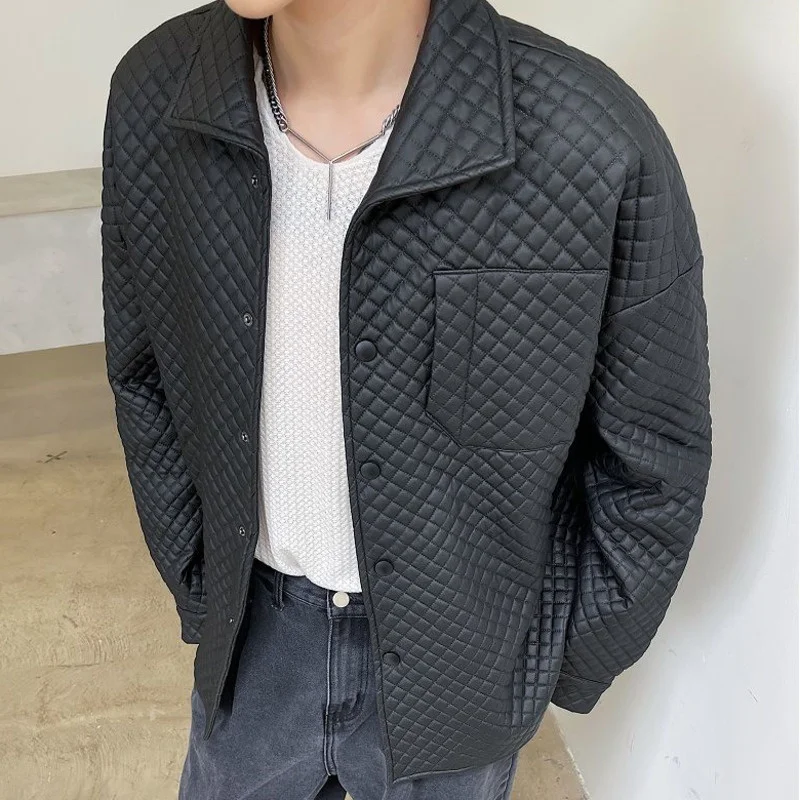 Куртка мужская черная однобортная в клетку из ПУ кожи на осень/зиму | Мужская