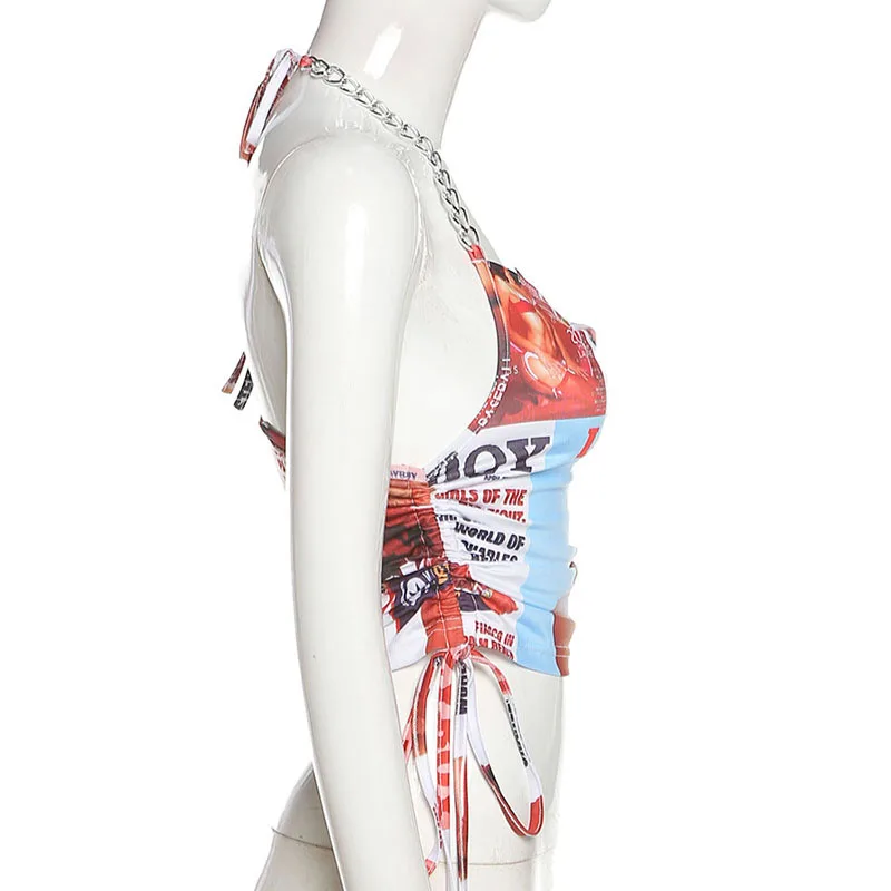 

2021 Summer Women Tank Tops Sexy Street Slim Fashion Strap Shirring Character Printing Strap Halter Sling Vest Female Casual