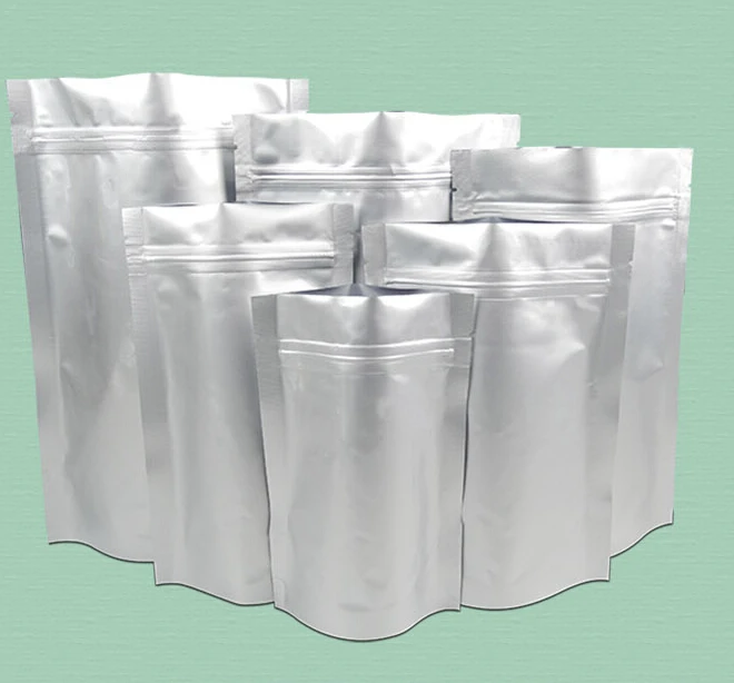 

Custom logo 100pcs Sliver Stand up aluminium foil zip Lock bag Metallic Aluminized plastic grip seal pouch zipper reclosable