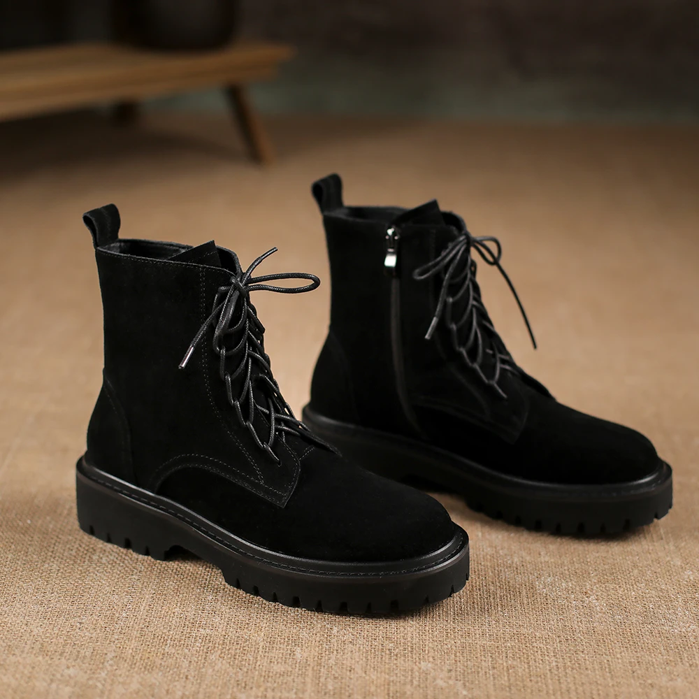 Jual ISNOM Wanita Kulit Asli Putaran Kaki Sepatu Bot Zip Alas Kaki Hangat Bulu Sepatu Bot Salju Fashion Renda Wanita Sepatu Bot Musim Dingin 2020