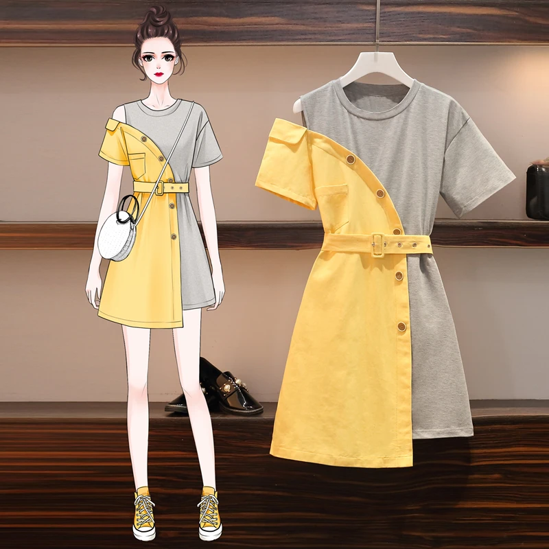 

4XL Plus Size Women Off the Shoulder Dresses Summer 2021 Fashion Short Sleeve Cotton Tshirt Patchwork Yellow Shirt Dress Casual