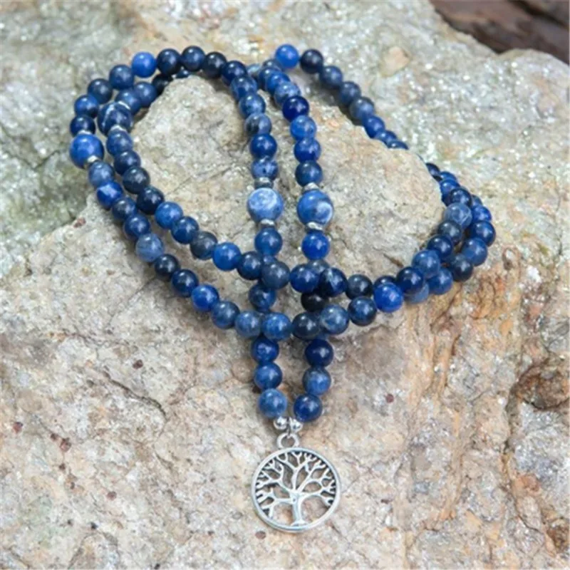

6MM Sodalite men mala Bracelet 108 Beads Tree Of Life Pendant Buddhism Unisex Pray Handmade Meditation Mala Bless Wrist