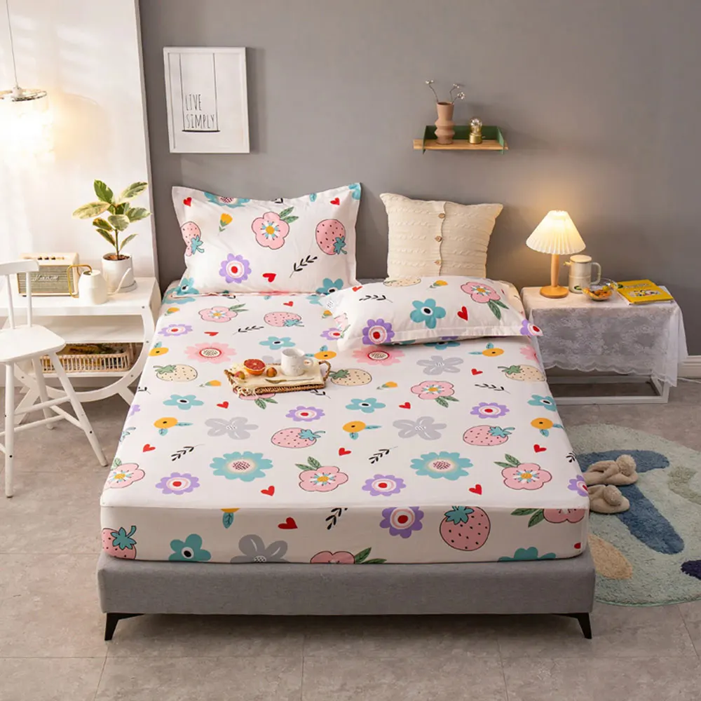 

Papa&Mima INS Strawberry Flowersl Print Cotton Twin Queen King Fitted Sheet Pillowcases Quilted Cozy Mattress Protective Cover