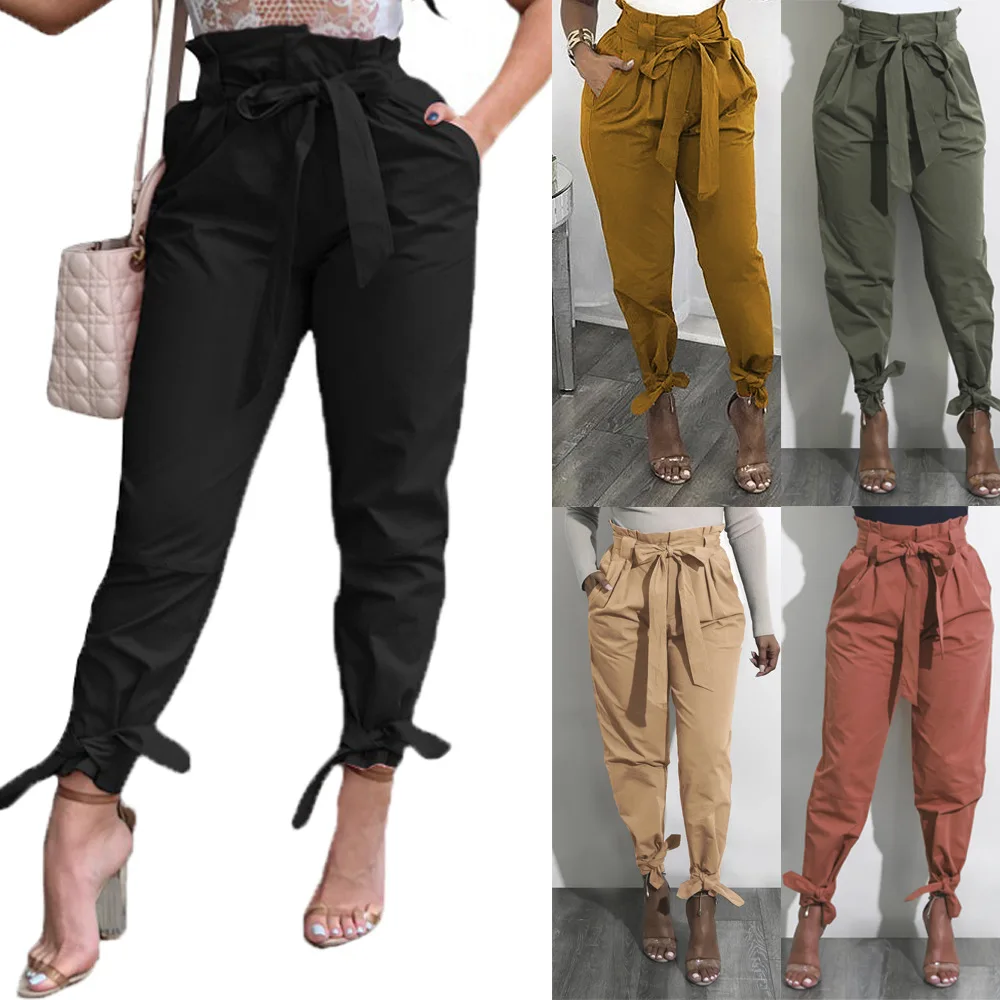 

Womens Casual High Waist Pencil Pants with Bow-Knot Pockets for Work Solid Tie loose casual pants