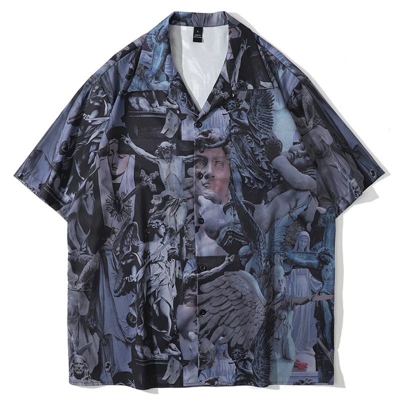 

Мужская винтажная рубашка в стиле Харадзюку с принтом статуй, блузка в стиле унисекс, свободные пляжные рубашки в стиле оверсайз с коротким ...