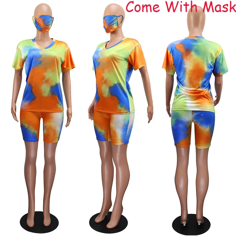 

Summer Short 2 Piece Set Women Tie Dye Two Piece Outfits T Shirt Top and Biker Shorts Set Lounge Wear Casual Tracksuits Women