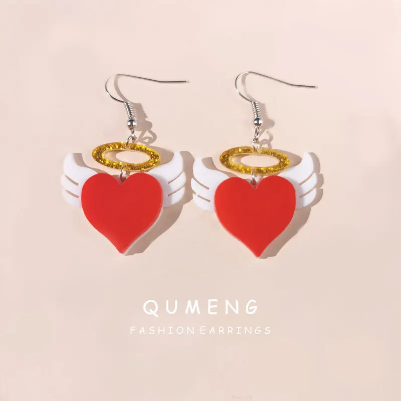 QUMENG 2020 корейские модные милые белые крылья ангела с красным сердцем акриловые