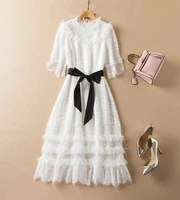 top quality new white dress 2022 spring summer runway women cascading ruffle floral patchwork half sleeve mid calf lace dress
