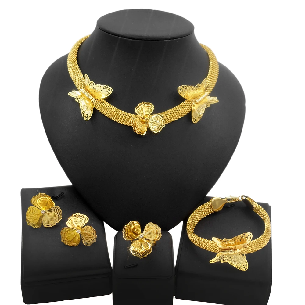 

Yulaili High Fashion 24K Dubai Gold Butterfly Shape Jewelry Sets and African Lady Wedding Earrings Ring Jewelry Set Girl Gifts