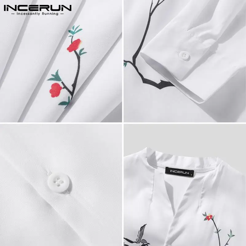 

Men Casual Shirt Printing 2021 V Neck Long Sleeve Vintage Button Up Camisas Streetwear Baggy Leisure Men Clothing S-3XL INCERUN