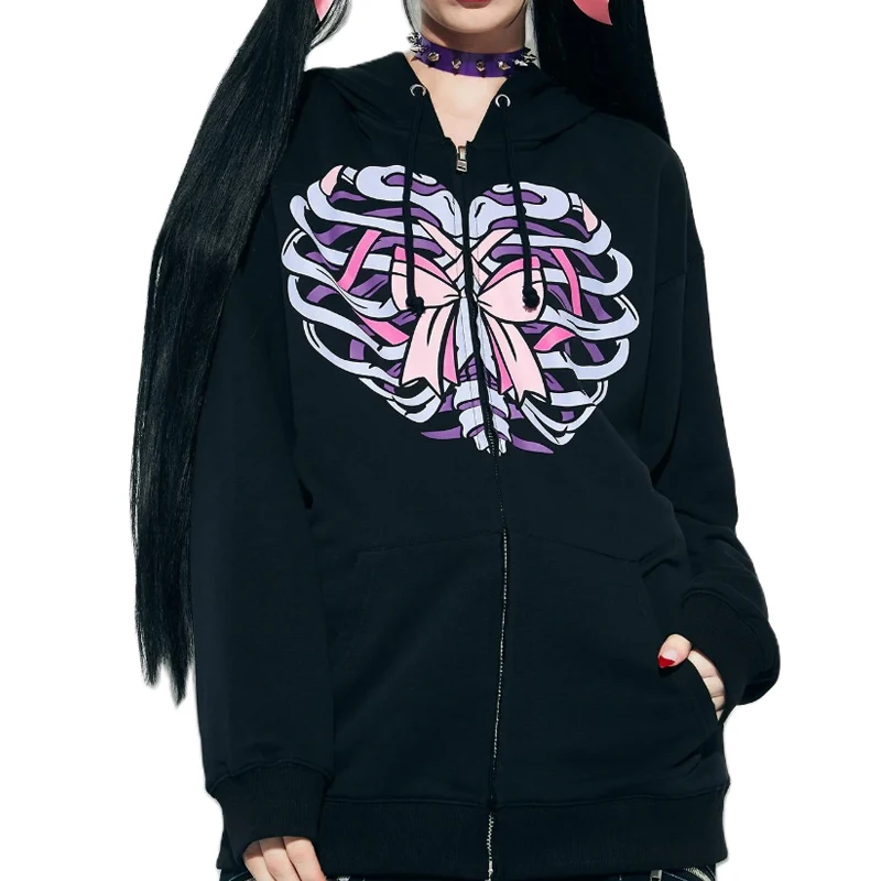 

Women Hooded Sweater Adults Bow Ribcage Print Long Sleeve Zipper Cardigan with Pocket Drawstring