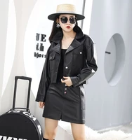 spring autumn chic womens suits high quality genuine leather jacketsa line skirts tow piece set c703