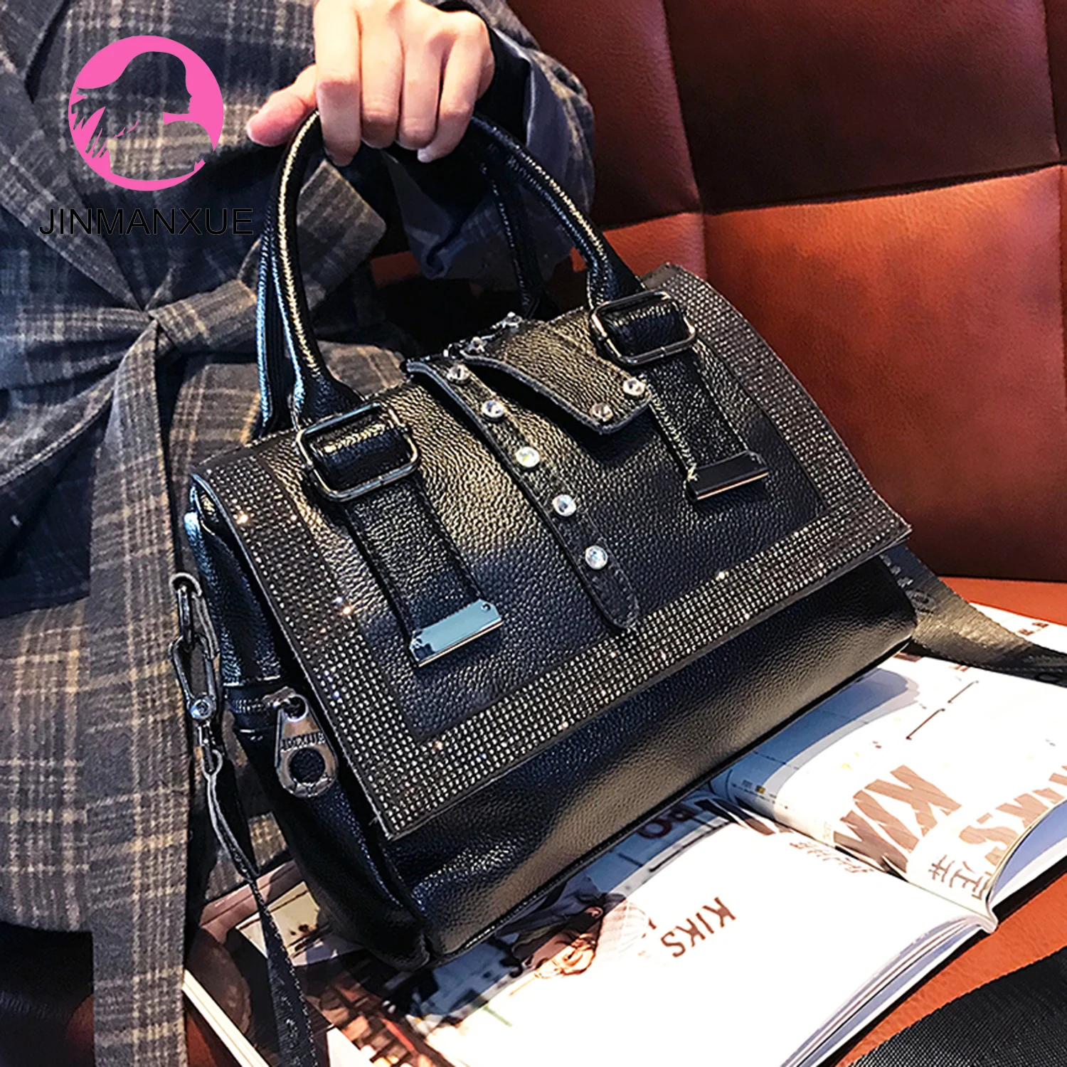 

Новые стильные сумки из воловьей кожи, Горячие Стразы, сумки-тоуты из мягкой кожи, вместительные модные повседневные сумки-мессенджеры на р...