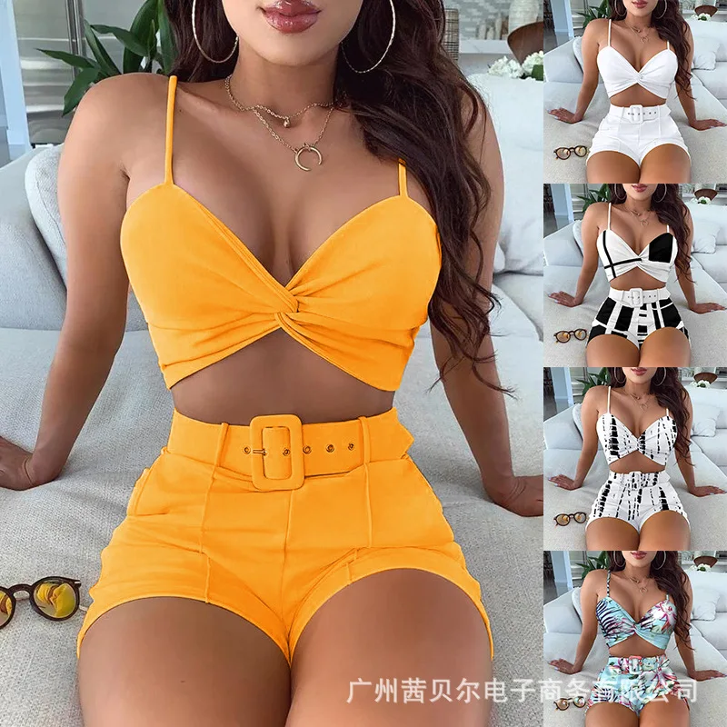 

Sexy Crop Top Set 2-piece Club Suit Set Sling Wrap Top and High Waist Shorts Set