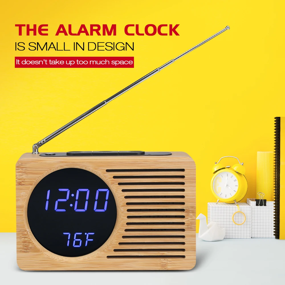 LED Bamboo Digital FM Radio Alarm Clock 12h/24h Adjustable Light For Home Bedroom Office Desk Watch Timer USB Cable Table Clocks | Дом и сад