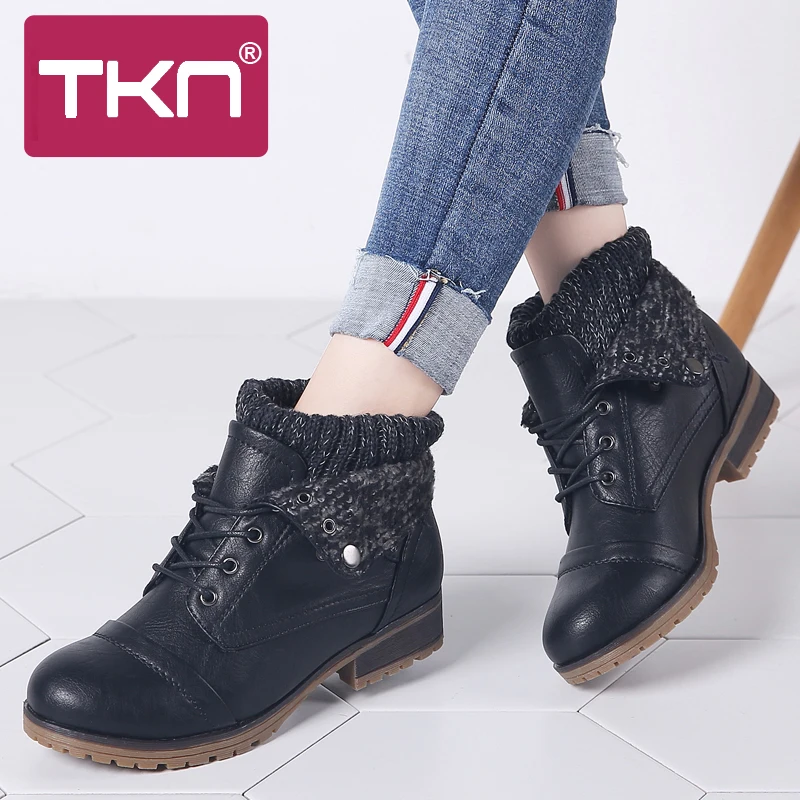 Женские ботильоны из натуральной кожи TKN теплые зимние ботинки на платформе со