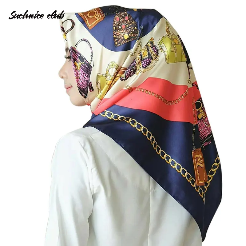 

90*90cm Silk Satin Scarf Mask Popular Neck Square Bohemian Kerchief for Women Female Hijab Shawls Air Wraps Hair Scarves