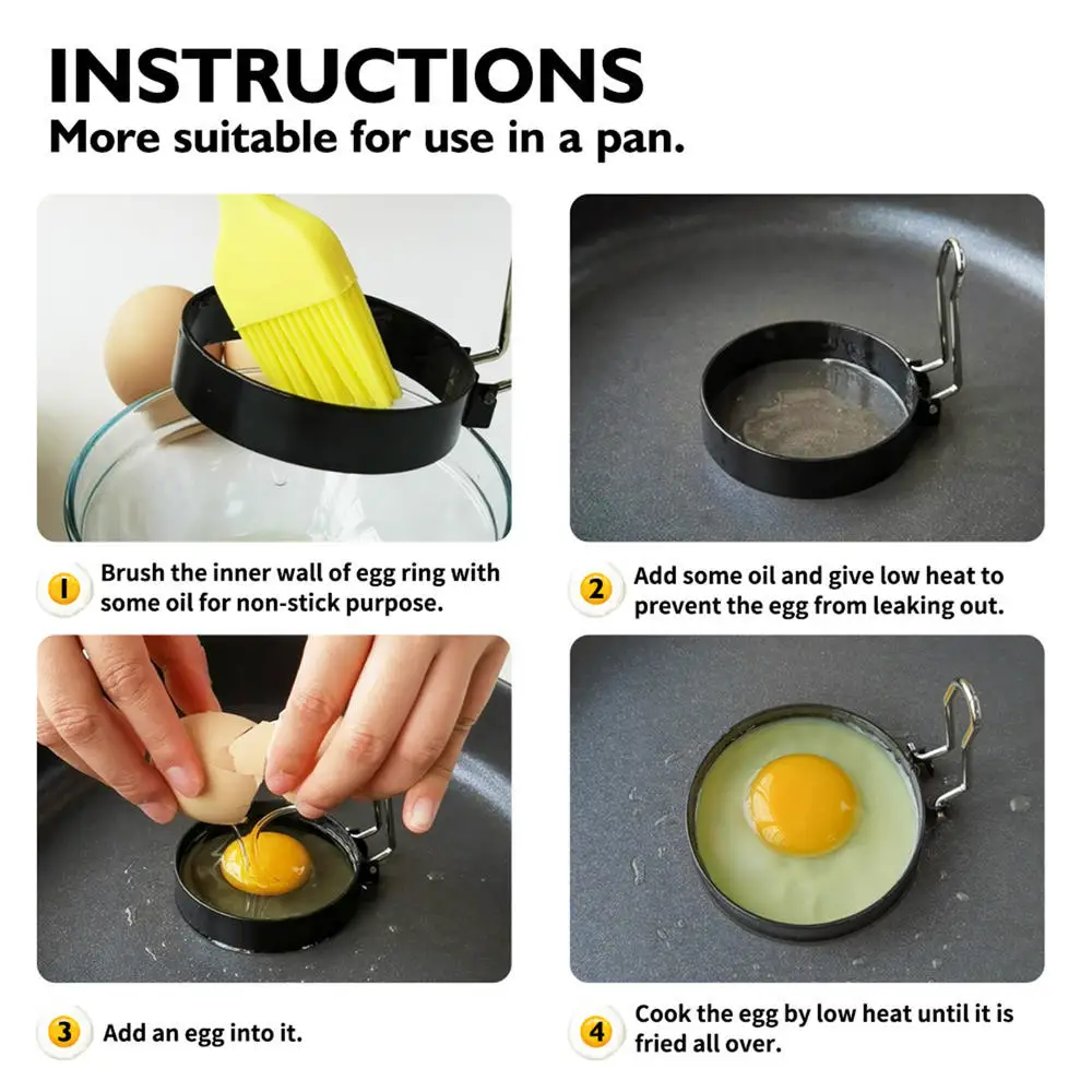 

5Pcs/Set Stainless Steel Fried Egg Pancake Ring Mould Round Egg Shaper Mold With Anti-Scald Handle Oil Brush Included