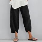 Эластичные льняные Женские винтажные хлопковые свободные брюки ZANZEA, женские Асимметричные брюки, брюки с широкой талией, повседневные женские брюки с карманами