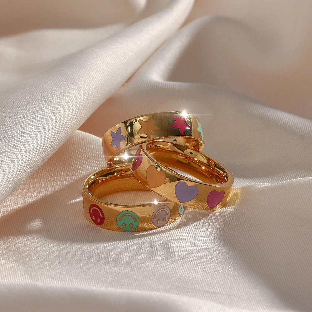 

2022 New Girl's Sweet Cute Fine Polished Heart Star Smiley Face Colorful Ring Stainless Steel Gold Plated Tarnish Free Ring