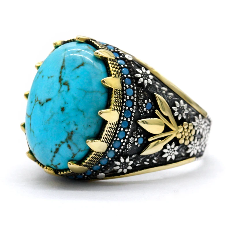 

Classic Natural Turquoise Ring Vintage 925 Silver Men's Rings Gold Plated Prong Setting AAA Zircon Stone Wedding Bands Jewelry