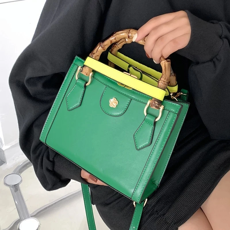 

Винтажная квадратная сумка через плечо, новинка 2021, женская дизайнерская сумка из искусственной кожи с бамбуковыми ручками, роскошная брен...