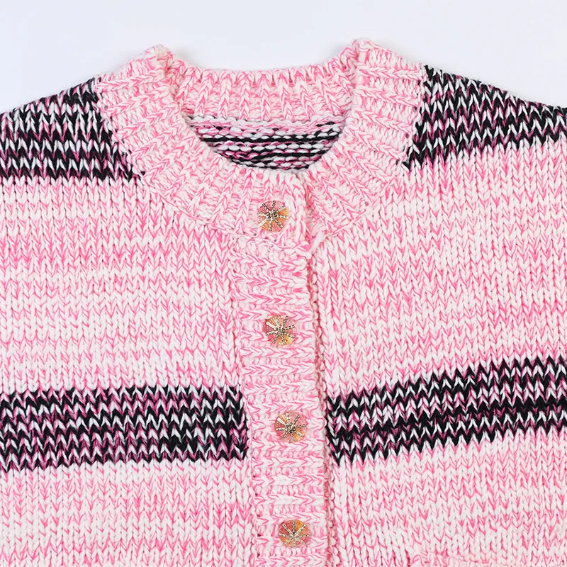 Runway Winter Christmas Pink Striped Embroidery O-neck Single Breasted Cardigans Brand Design Knit Oversize Coat Clothes NEW |